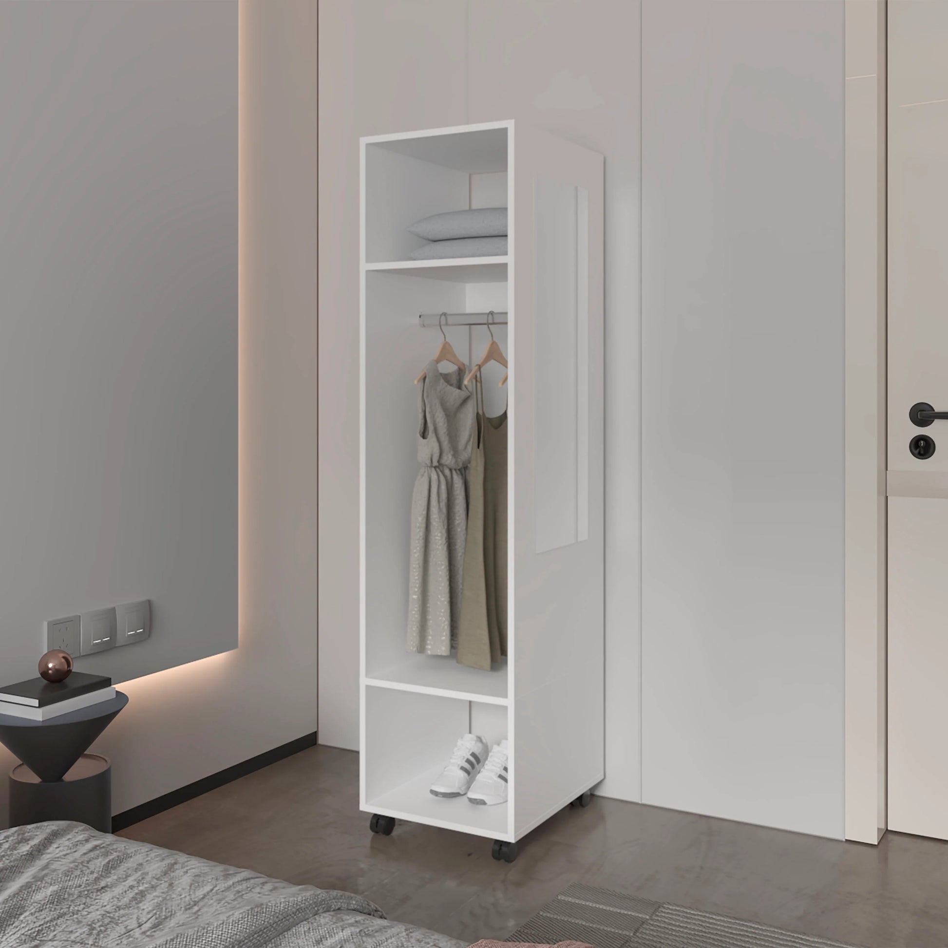 White 3-Shelf Wardrobe with Mirror and Open Storage