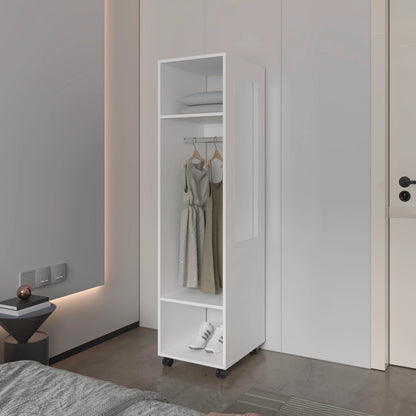White 3-Shelf Wardrobe with Mirror and Open Storage