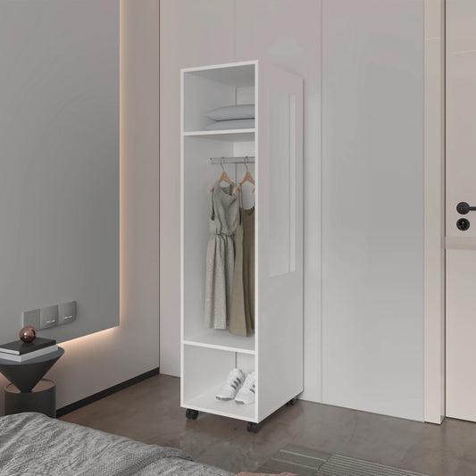 White 3-Shelf Wardrobe with Mirror and Open Storage