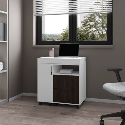 White and Stained Walnut 2-Drawer Extendable Desk with Sliding Mechanism