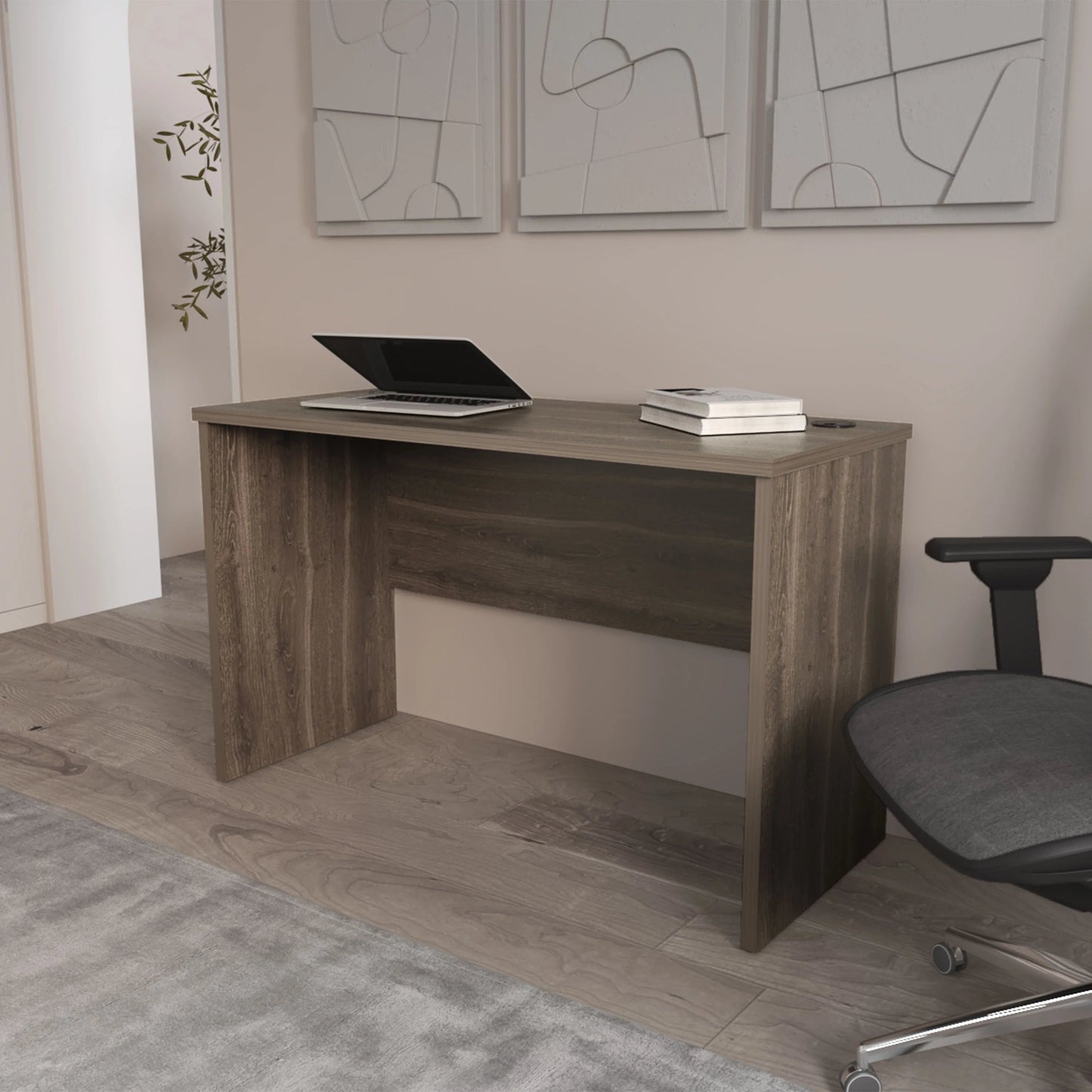 Dark Walnut Minimalist Home Office Work Desk with Cable Management