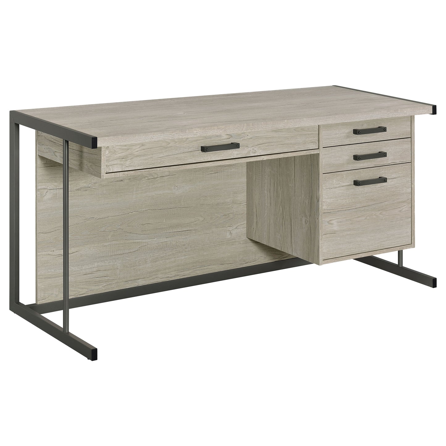 Beige Grey Wood Metal Computer Desk with Keyboard Tray