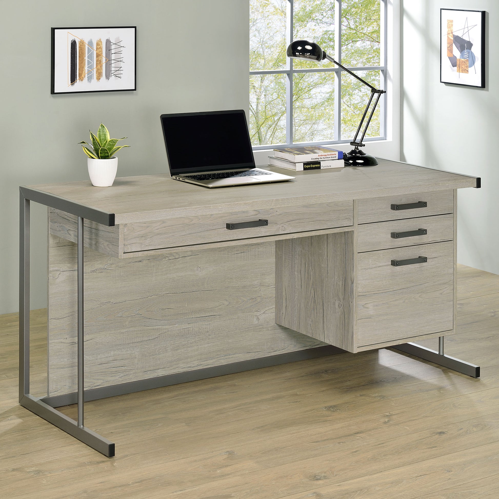 Brisley Whitewashed Grey and Gunmetal Sled Base Office Desk
