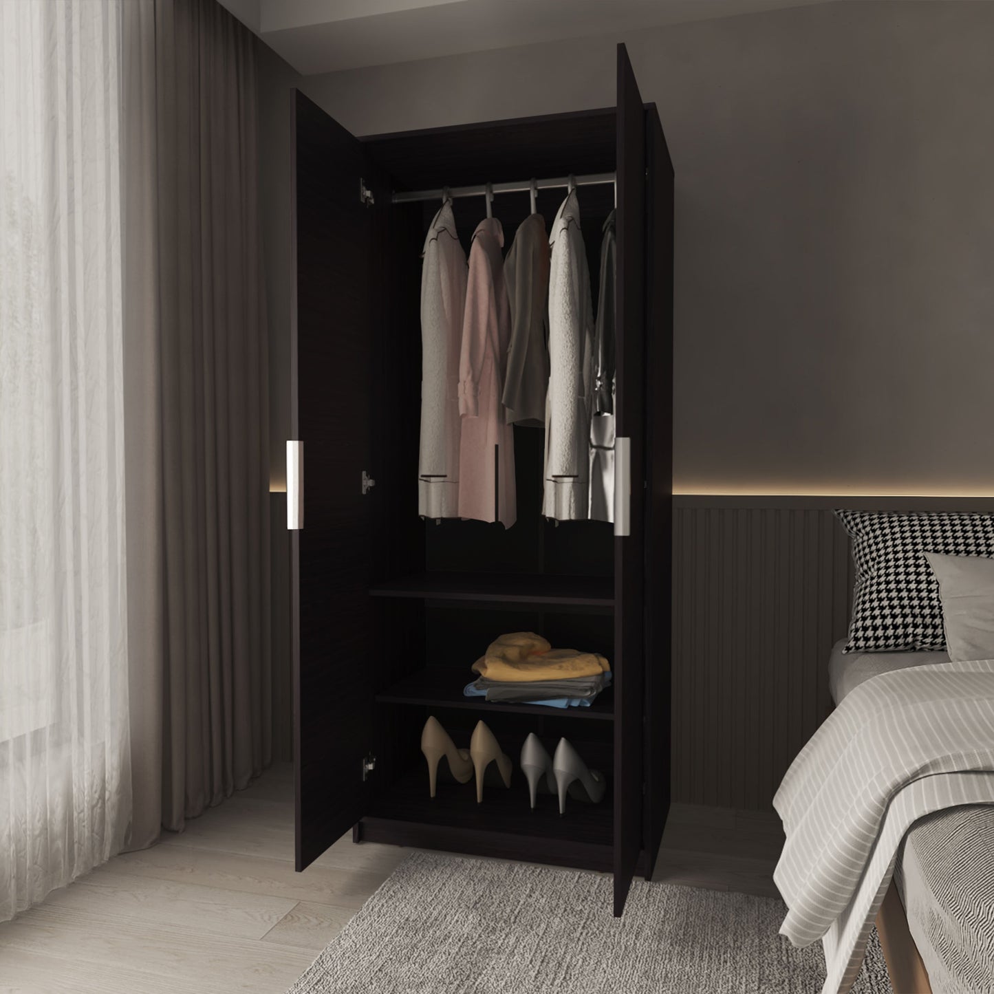Wenge 2-Door Wardrobe with Shelves - Bedroom Storage