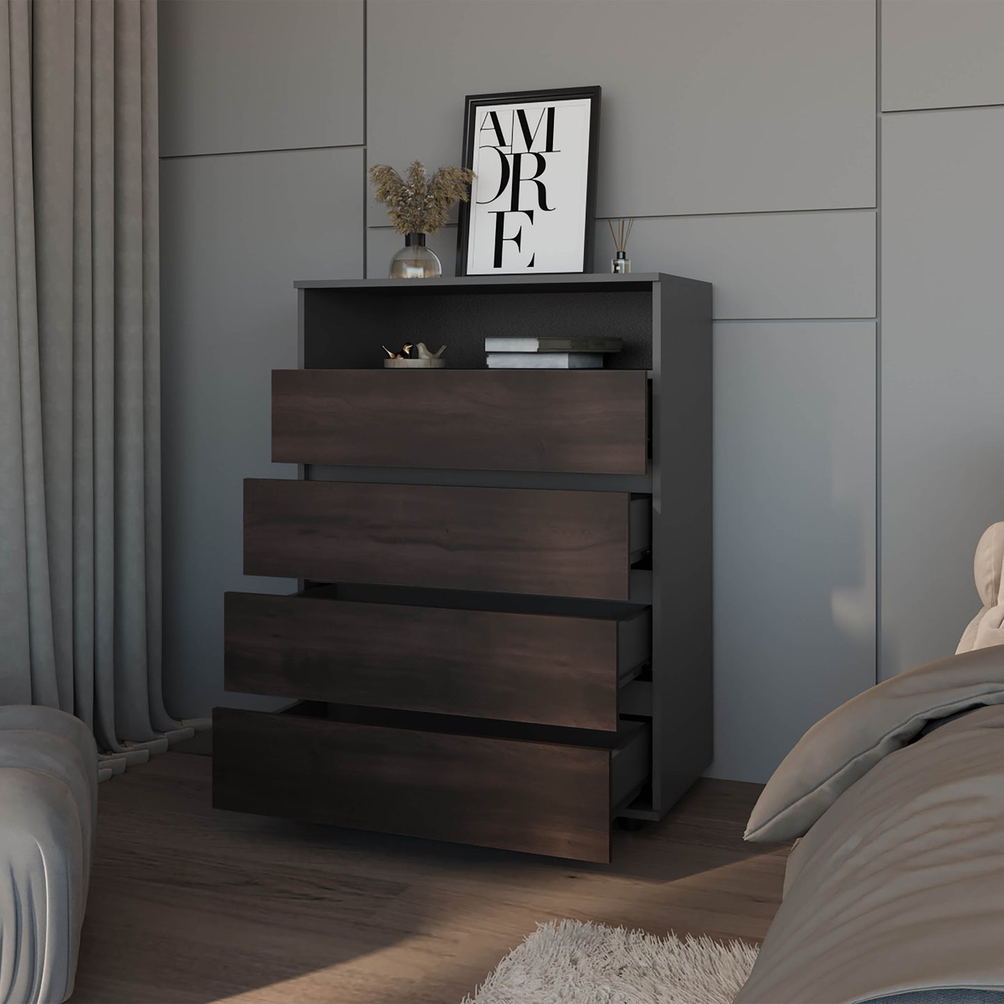 Grey Brown 4 Drawer Dresser Modern Bedroom Storage