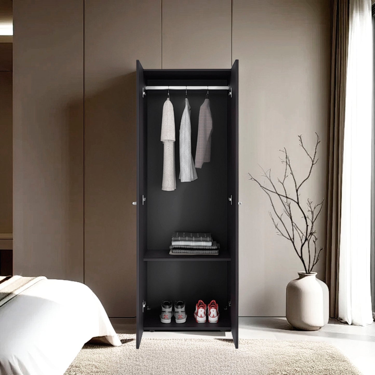 Wenge 2-Door Tall Wardrobe Cabinet - Bedroom Storage