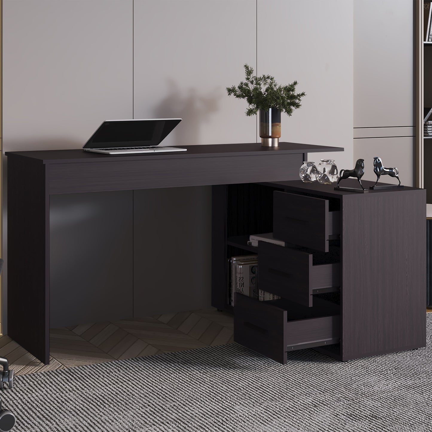 Wenge L-Shaped Desk with 3 Drawers and Storage Space