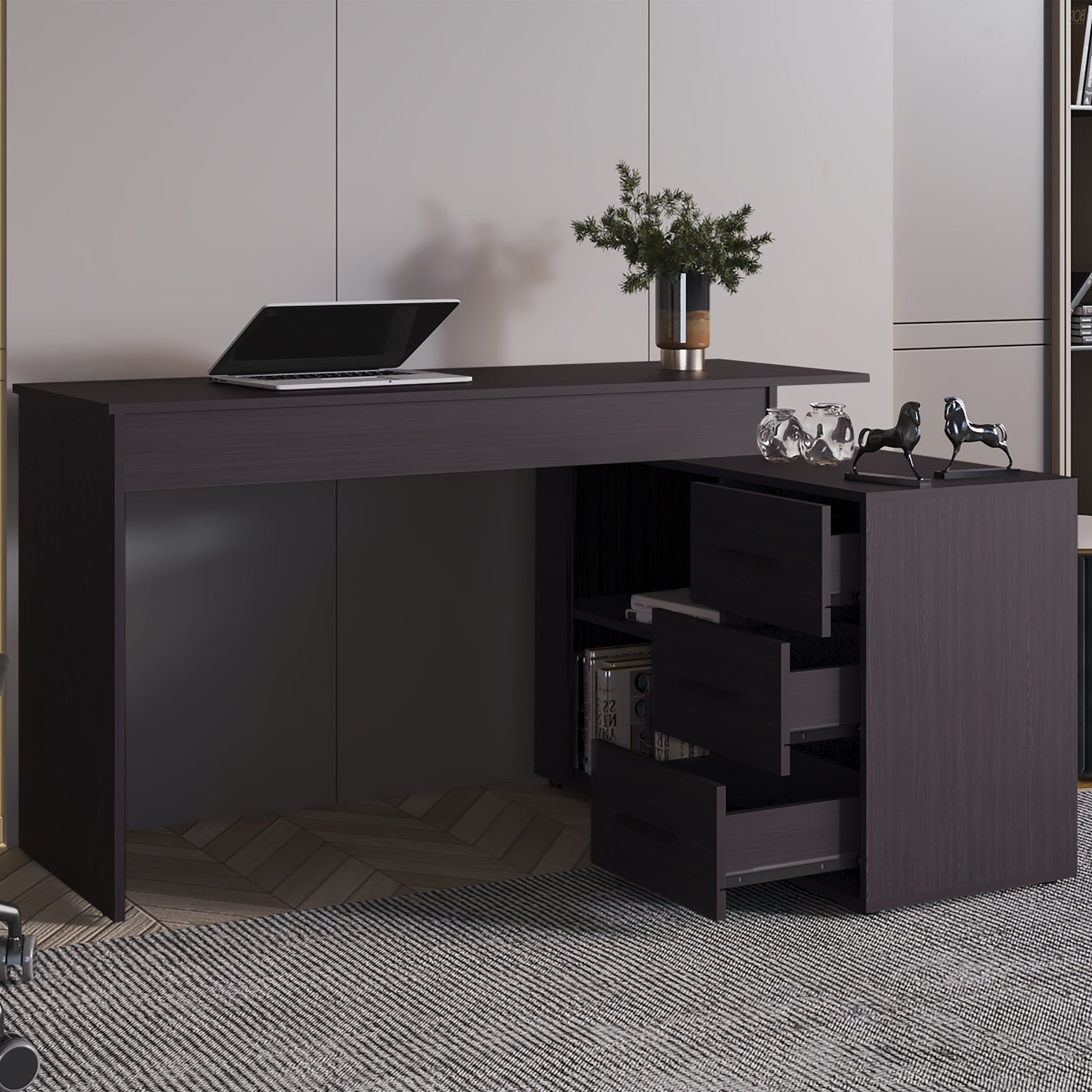 Wenge L-Shaped Desk with 3 Drawers and Storage Space