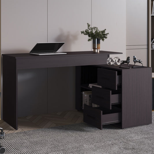 Wenge L-Shaped Desk with 3 Drawers and Storage Space