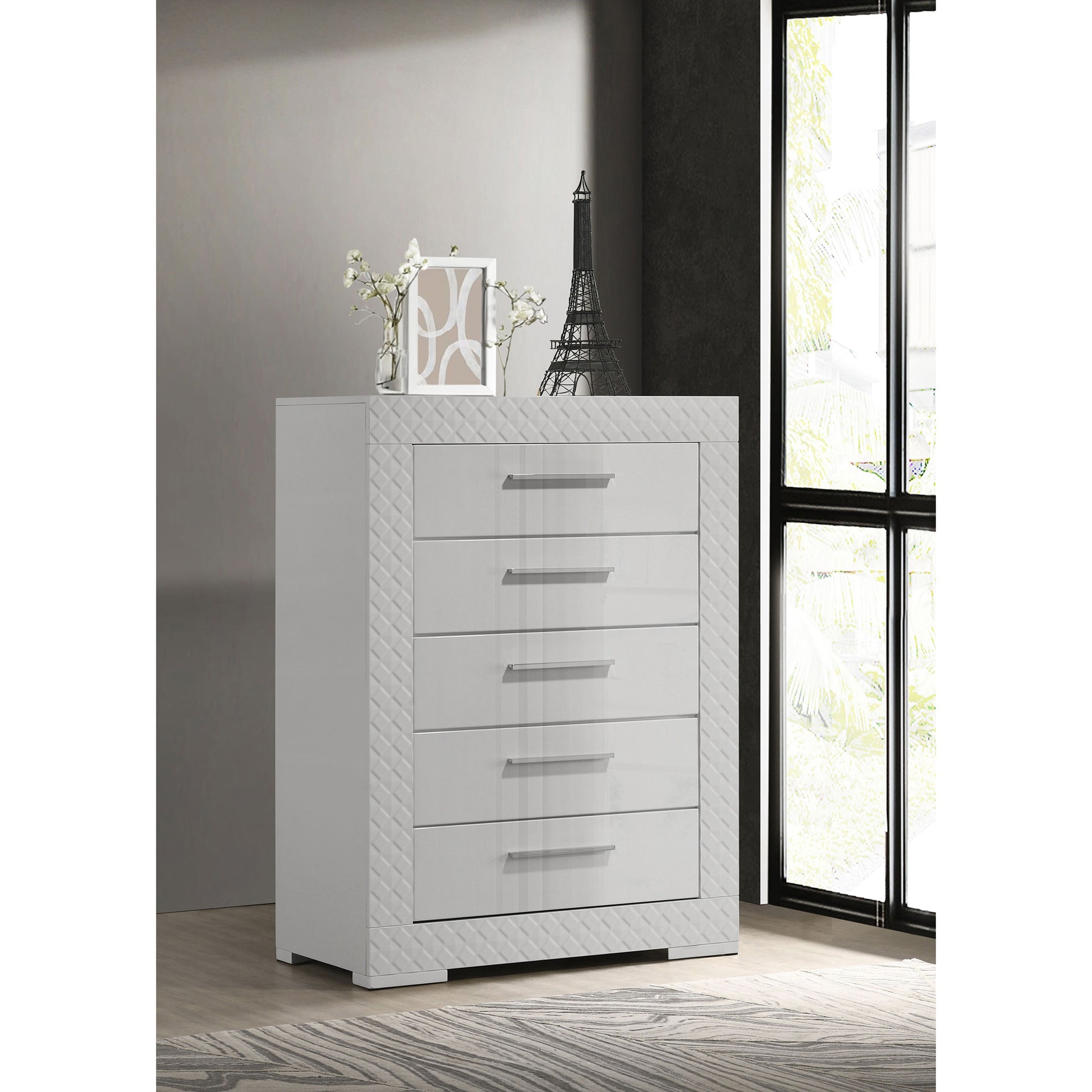 Pierce White High Gloss 5-drawer Bedroom Chest