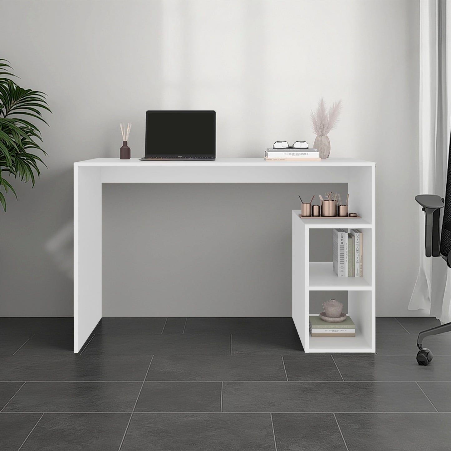 White Office Desk with Storage and Minimalist Design