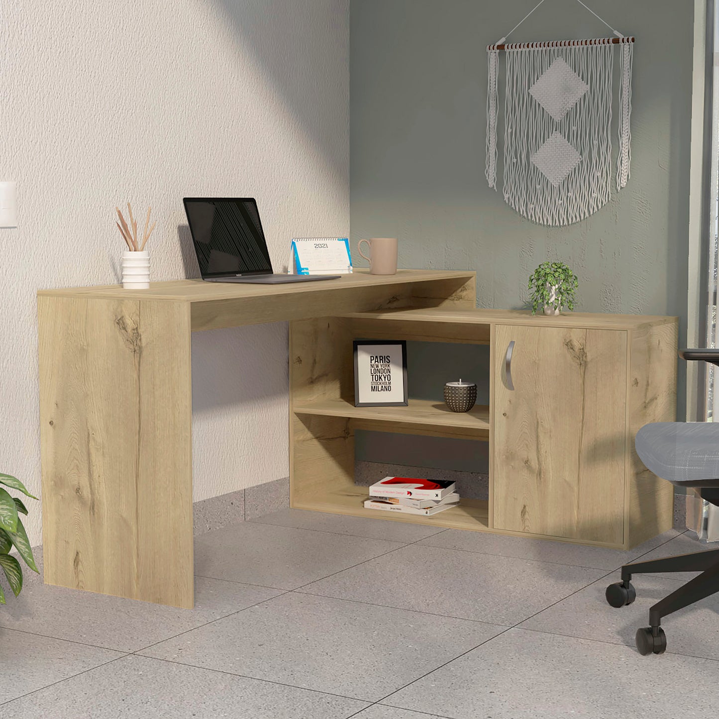 Light Oak L-Shaped Office Desk - Storage & Workspace