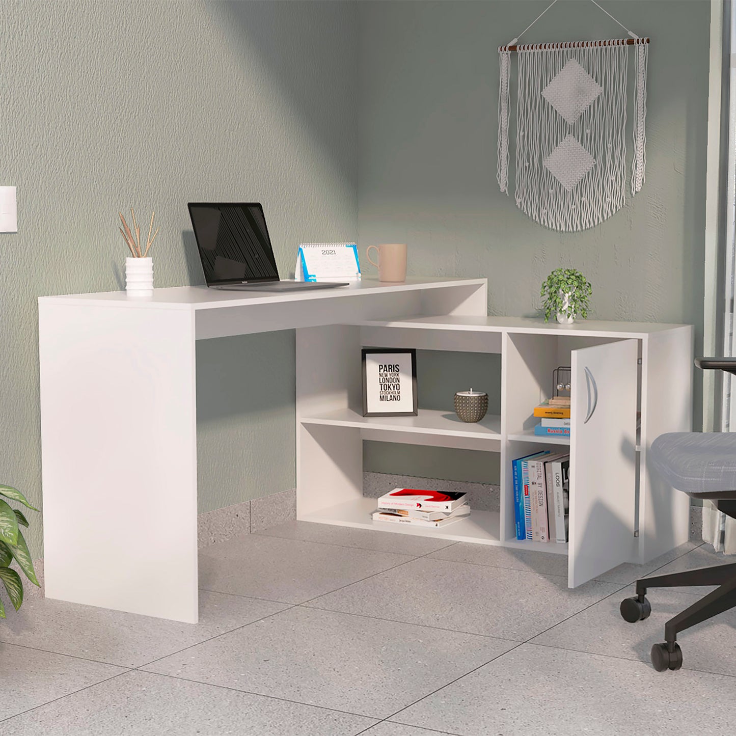 White L-Shaped Corner Office Desk with Shelves