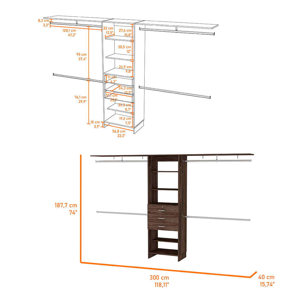 Brown Particle Board 3-Drawer Closet System 118" W