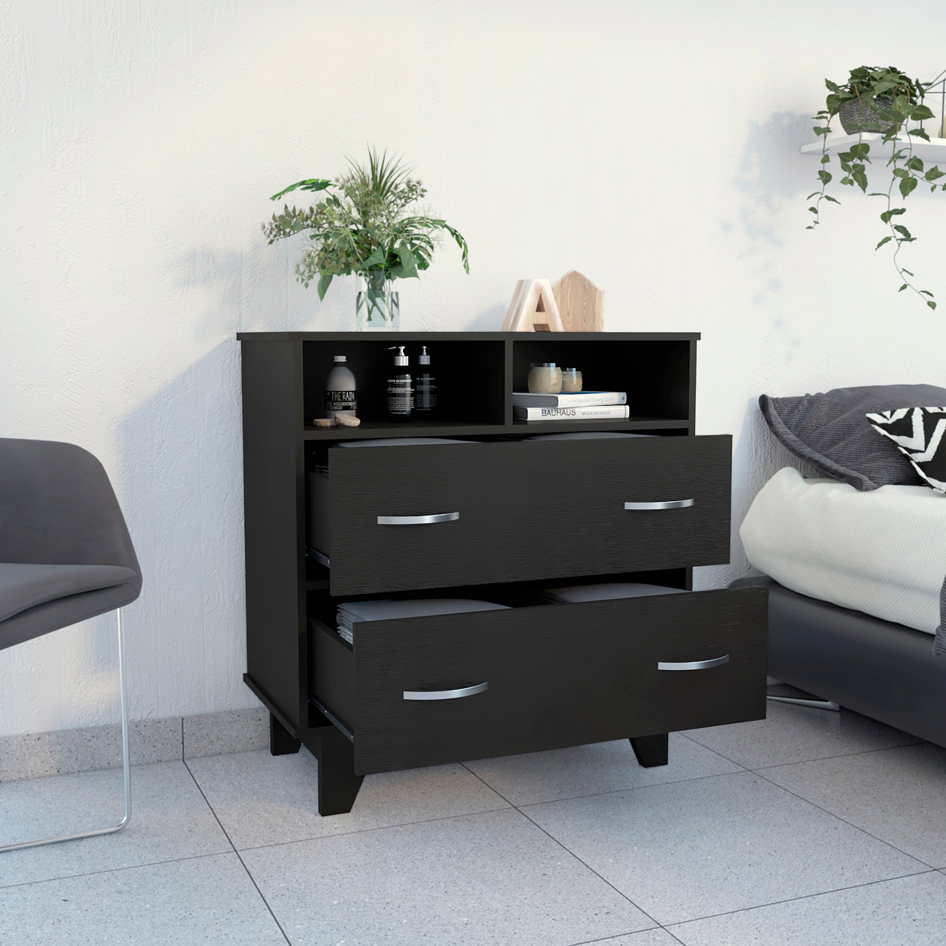 Wenge Particle Board Dresser with Drawers and Shelves for Bedroom