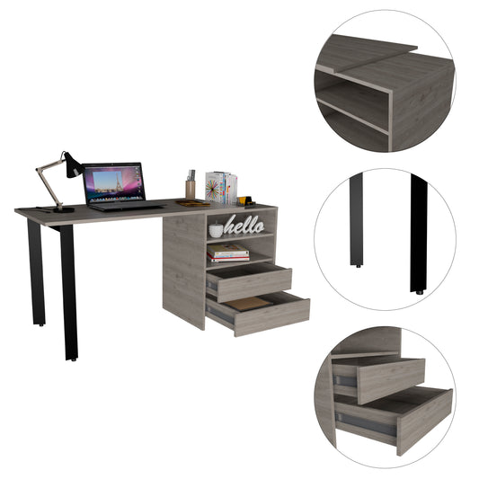 Light Gray 2-Drawer Writing Desk with Shelves for Home Office