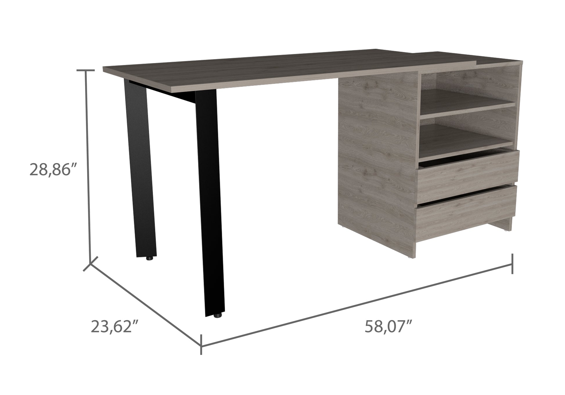Light Gray 2-Drawer Writing Desk with Shelves for Home Office