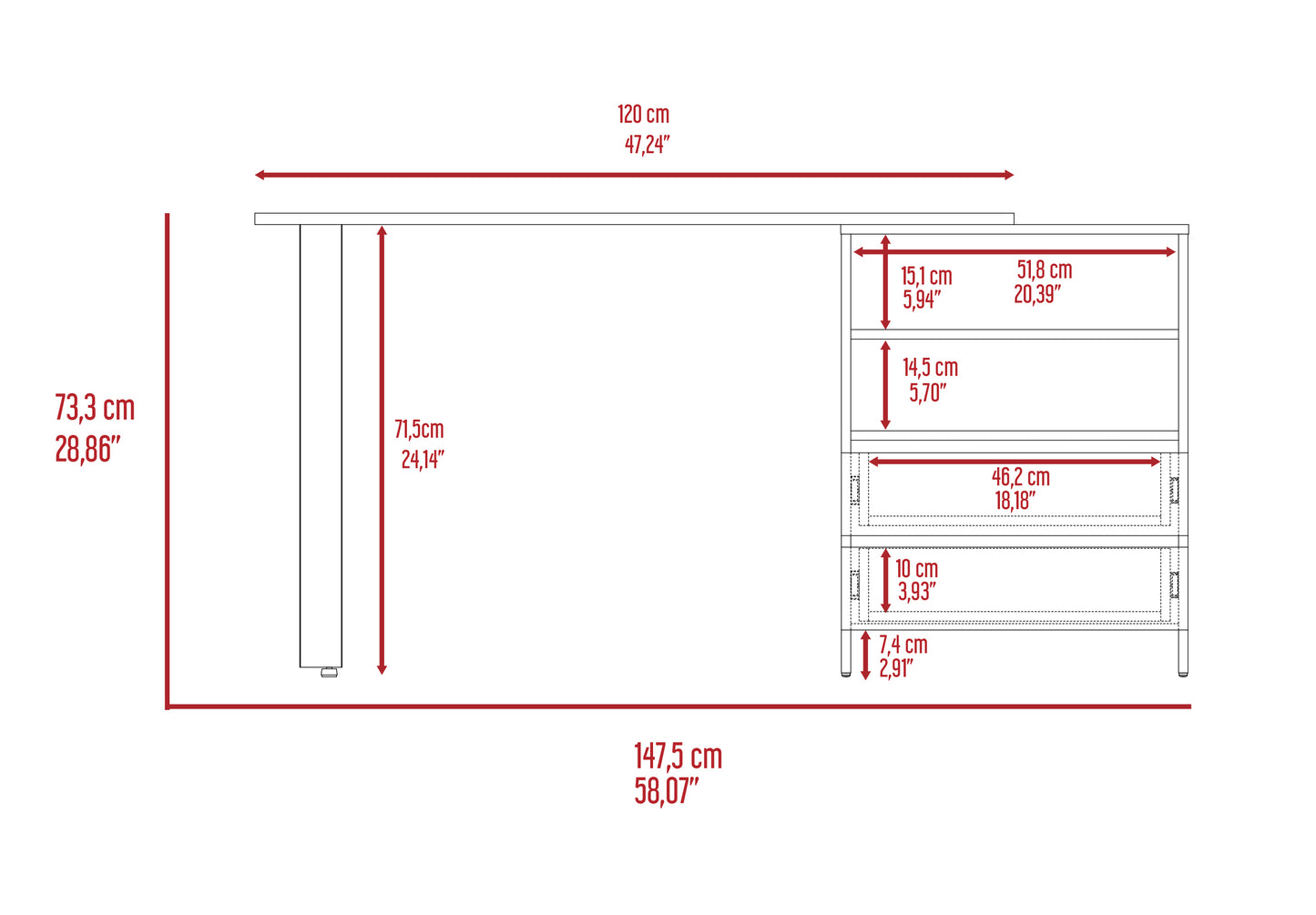 Light Gray 2-Drawer Writing Desk with Shelves for Home Office