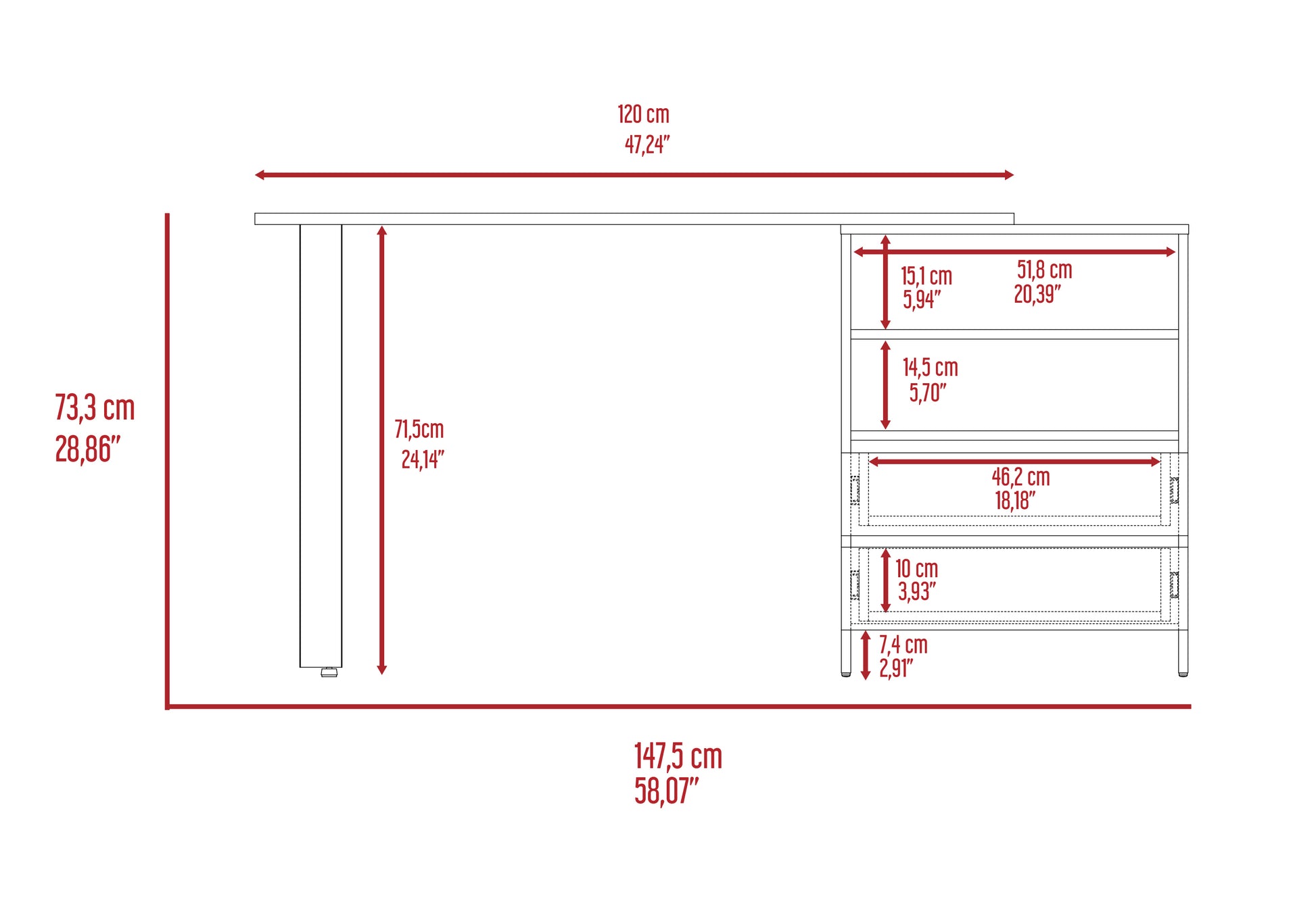 Light Gray 2-Drawer Writing Desk with Shelves for Home Office