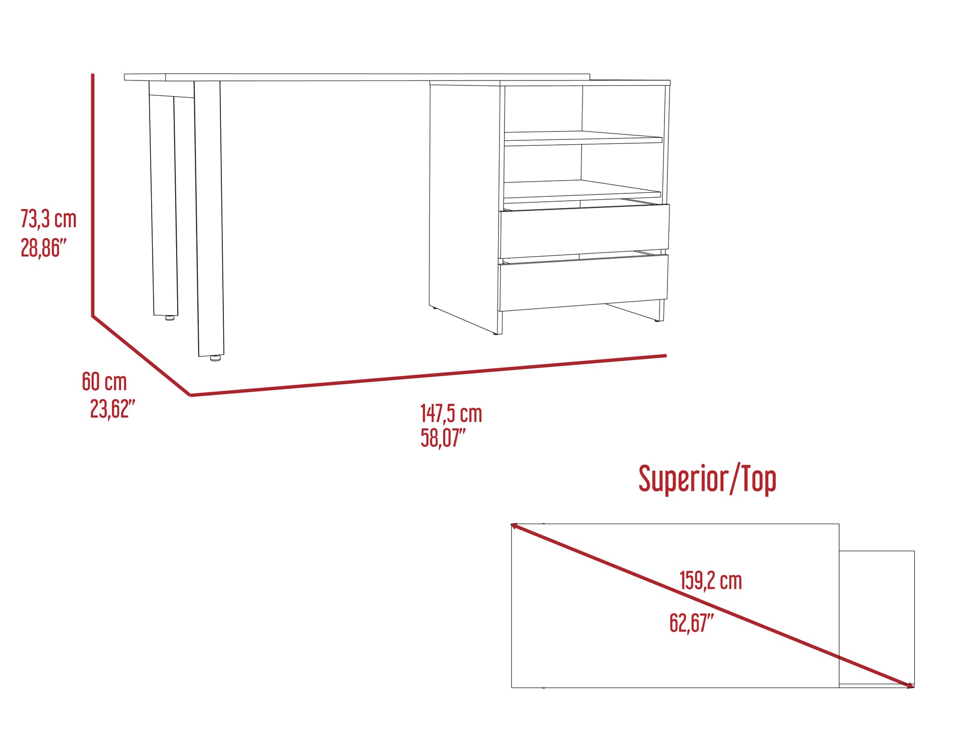 Light Gray 2-Drawer Writing Desk with Shelves for Home Office