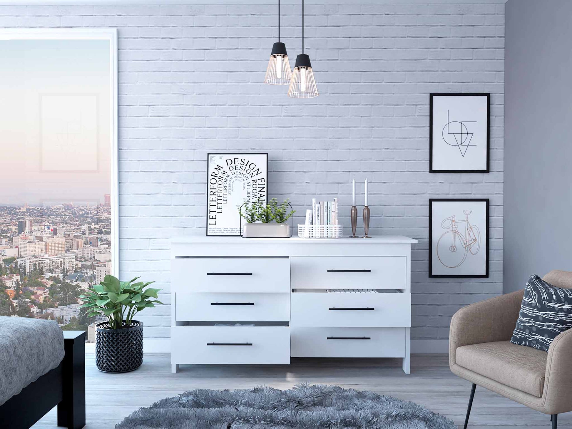 White Rectangle Dresser - 6 Spacious Drawers
