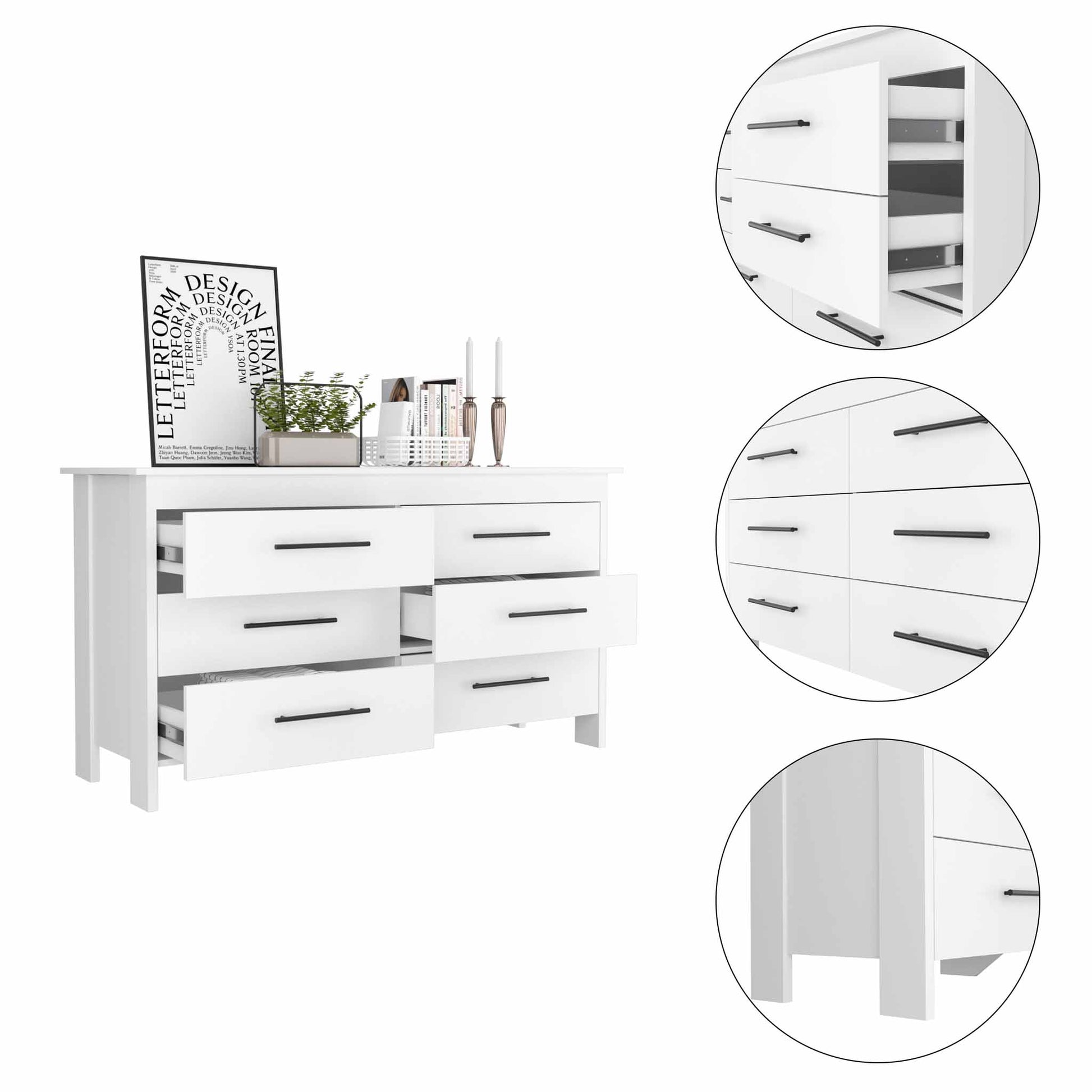 White Rectangle Dresser - 6 Spacious Drawers