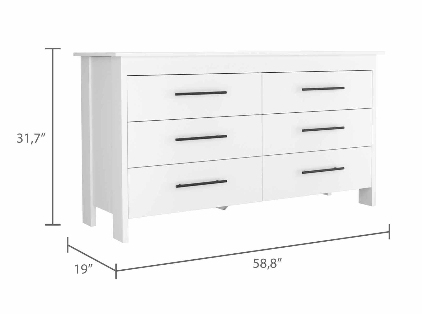 White Rectangle Dresser - 6 Spacious Drawers