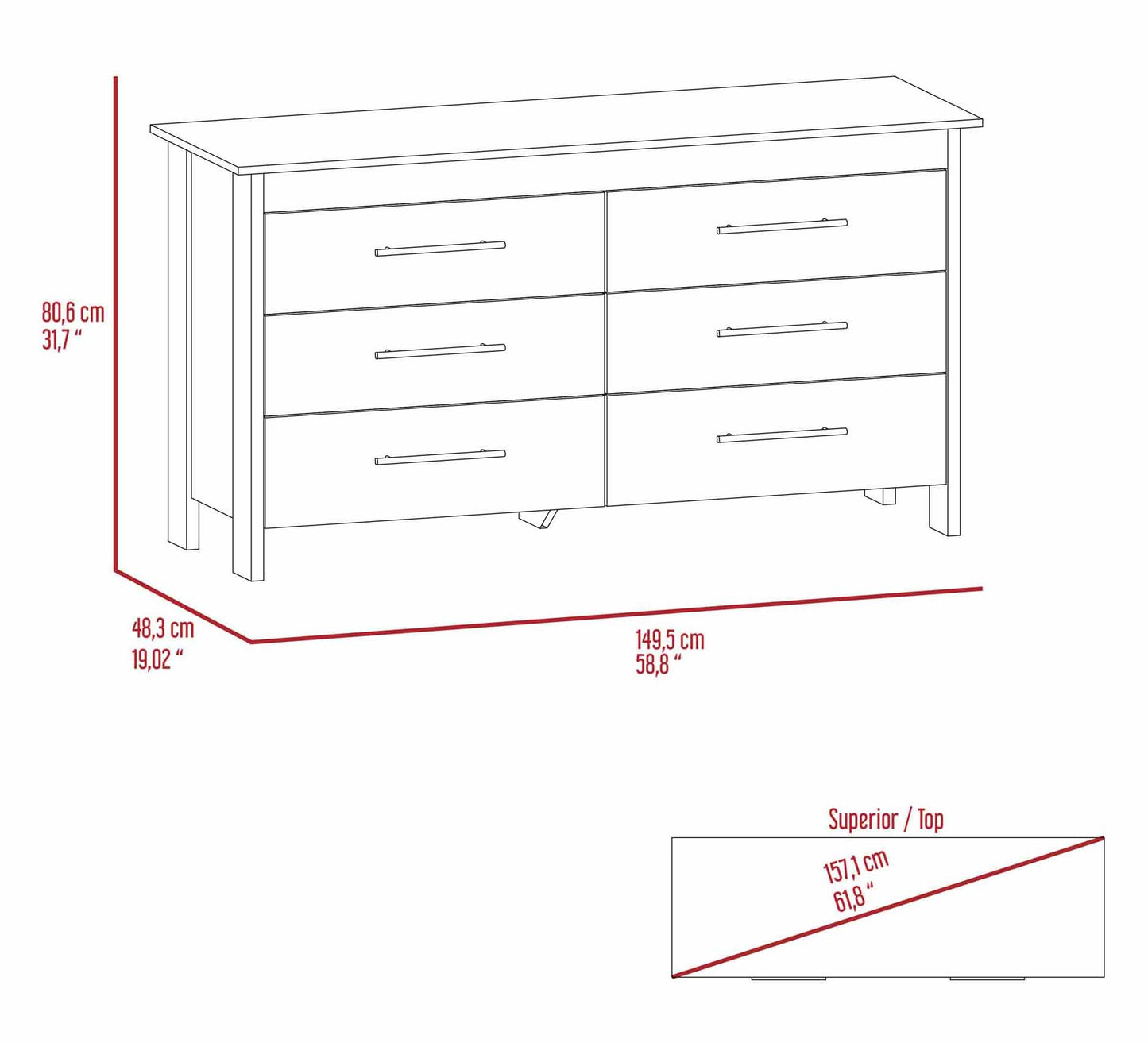 White Rectangle Dresser - 6 Spacious Drawers