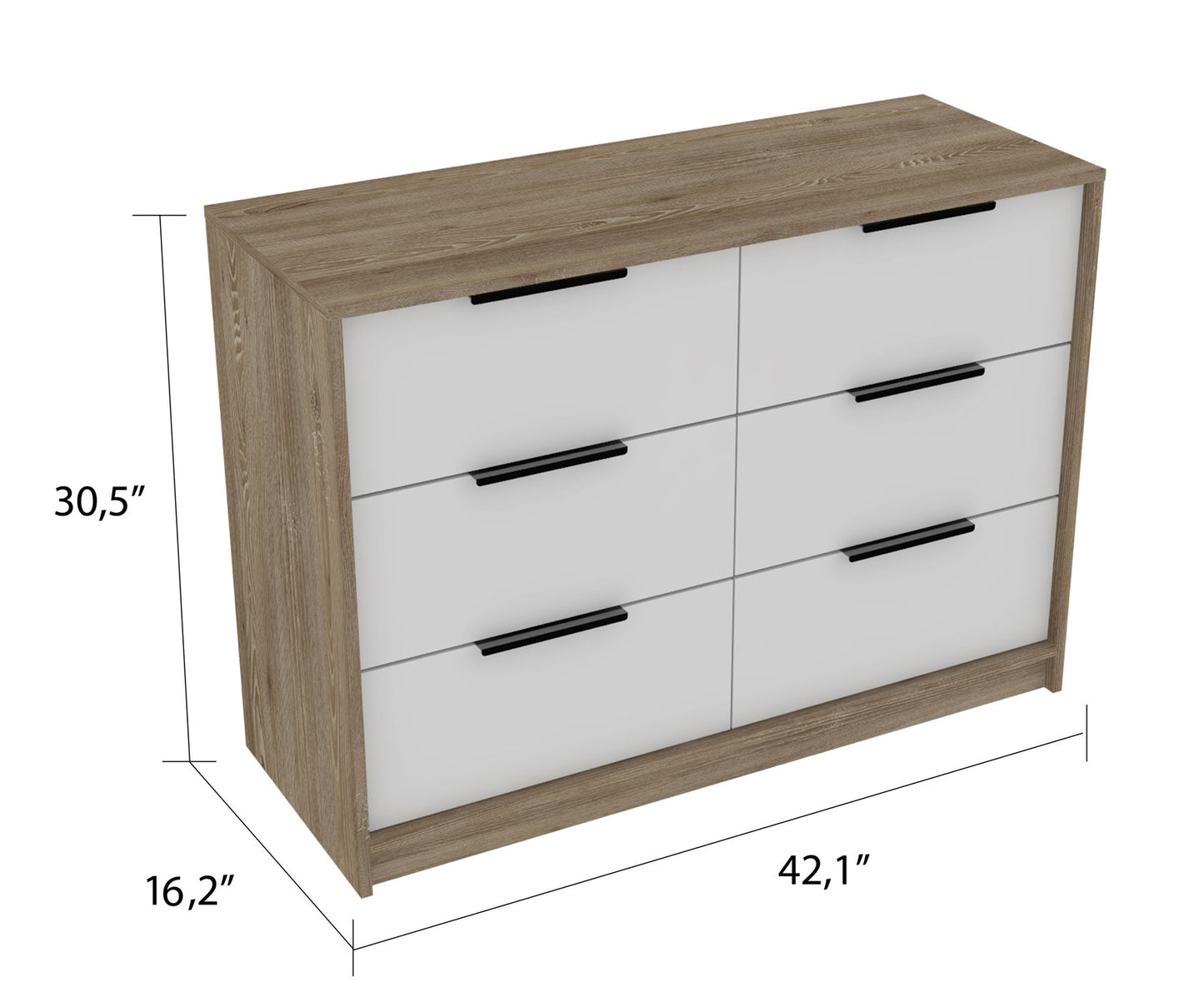 42" White Rectangle Dresser with 6 Drawers for Bedroom