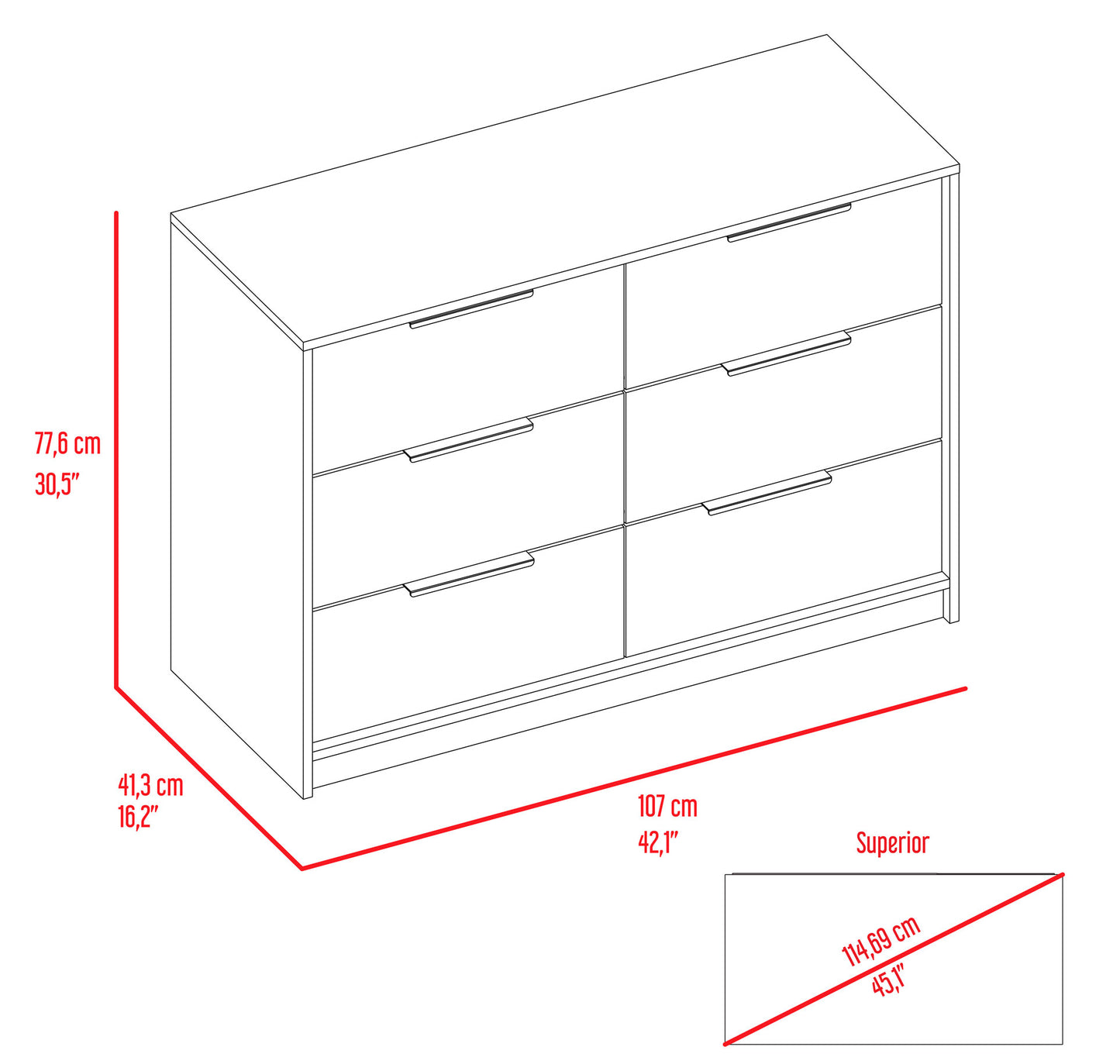 42" White Rectangle Dresser with 6 Drawers for Bedroom