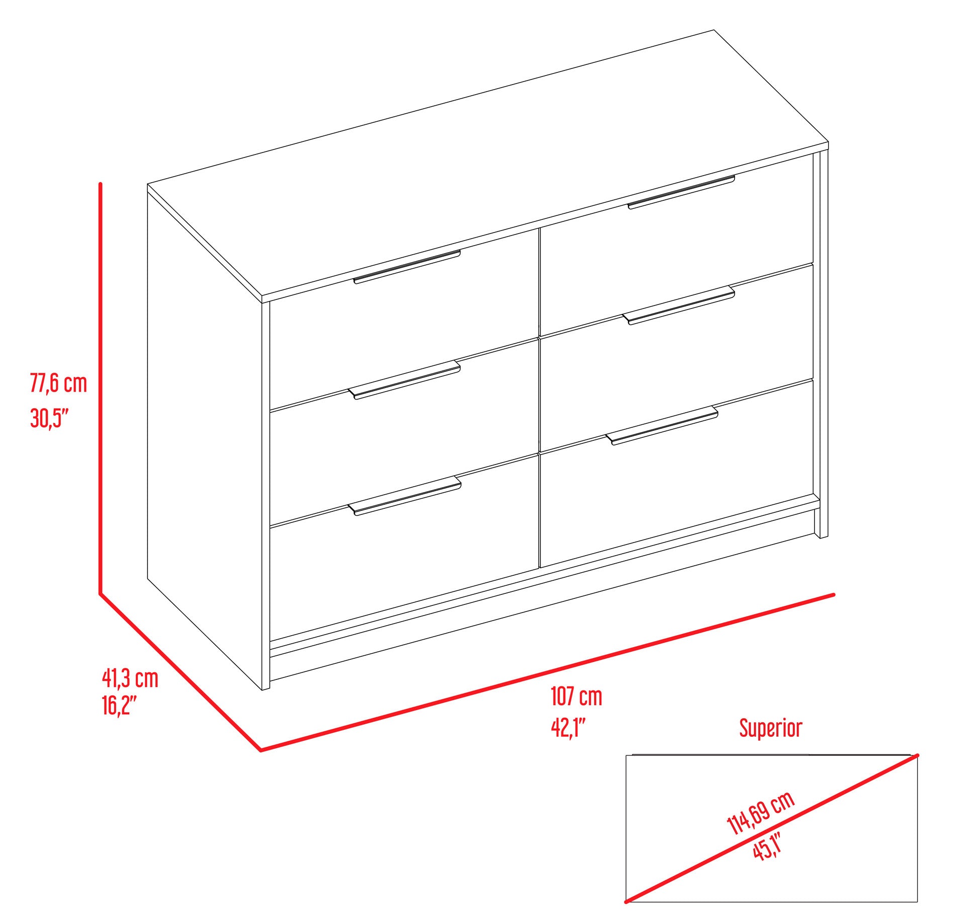 42" White Rectangle Dresser with 6 Drawers for Bedroom