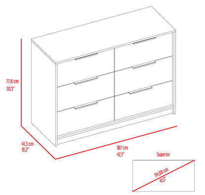 42" White Rectangle Dresser with 6 Drawers for Bedroom