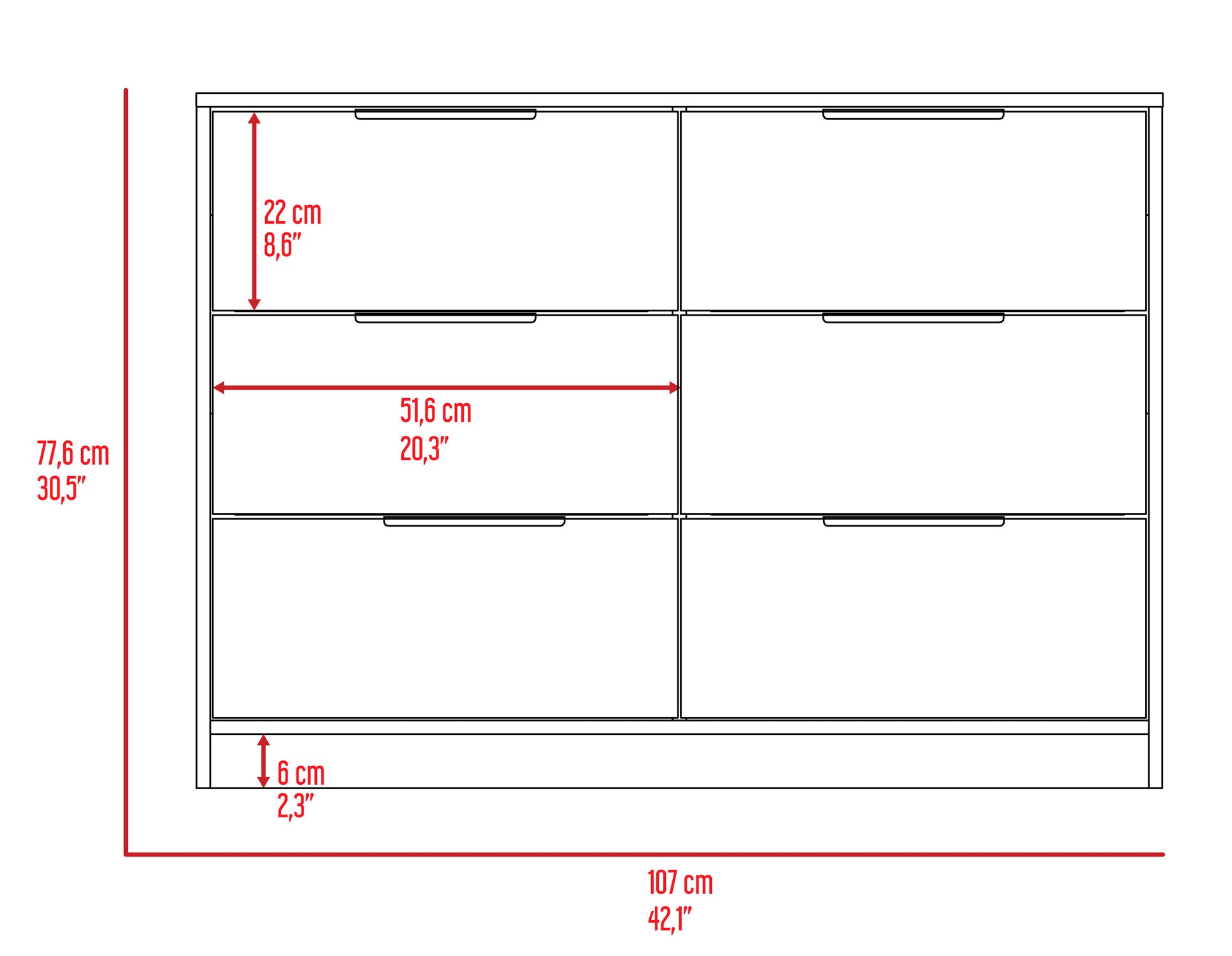 42" White Rectangle Dresser with 6 Drawers for Bedroom