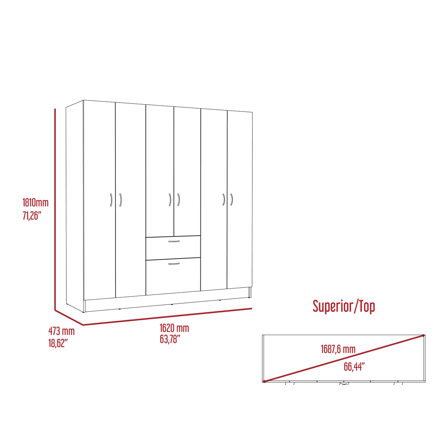 Wenge Bedroom Dresser 6-Door Armoire 63.78" Wide