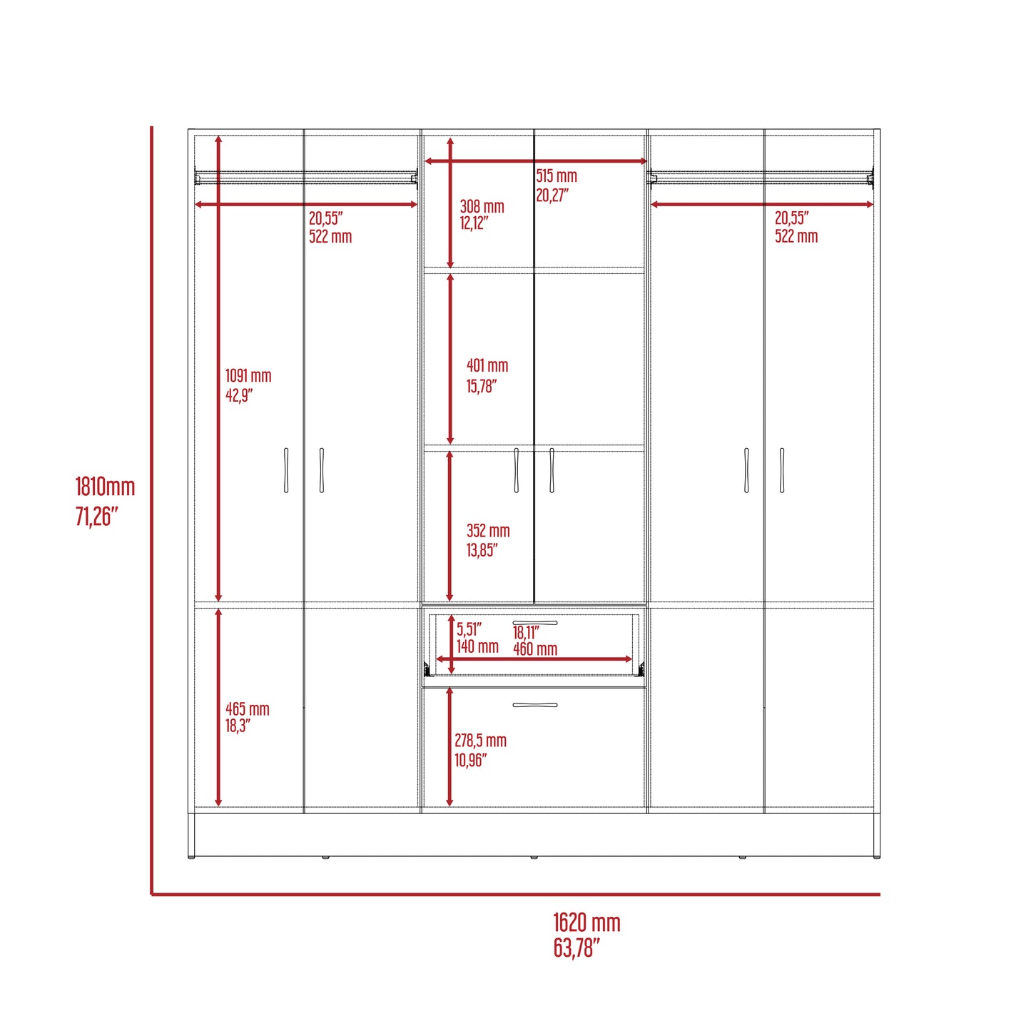 Wenge Bedroom Dresser 6-Door Armoire 63.78" Wide