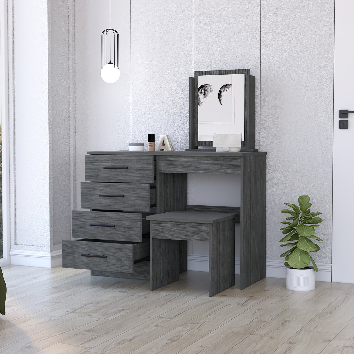 Gray 4-Drawer Makeup Vanity with Stool - Particle Board