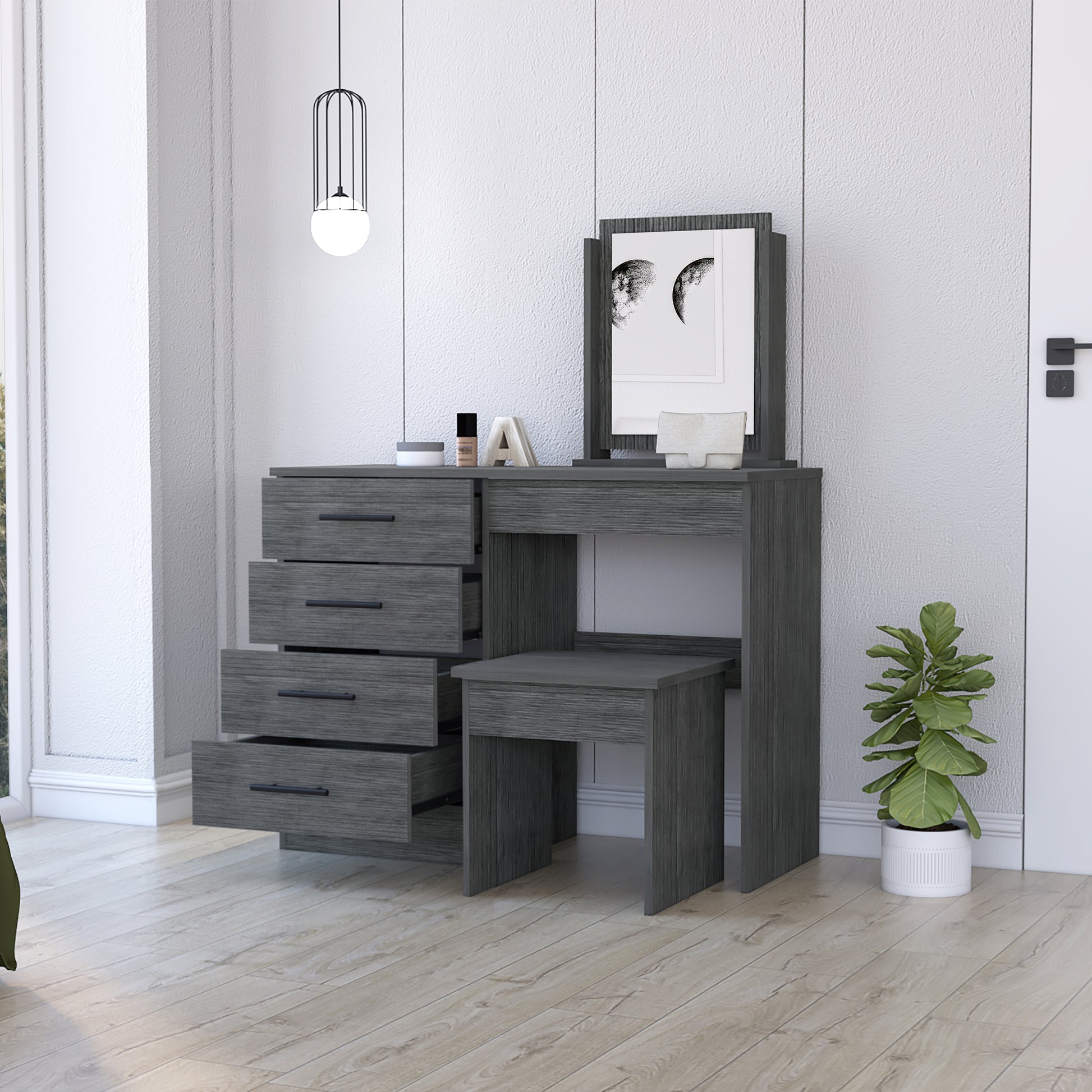 Gray 4-Drawer Makeup Vanity with Stool - Particle Board