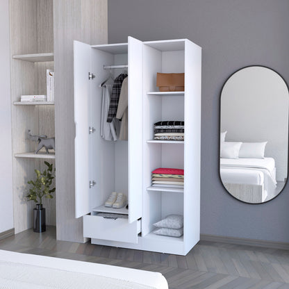 White Engineered Wood Wardrobe with Hanging Rod and Shelves for Bedroom