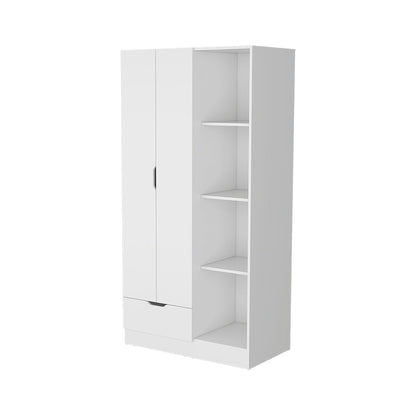 White Engineered Wood Wardrobe with Hanging Rod and Shelves for Bedroom