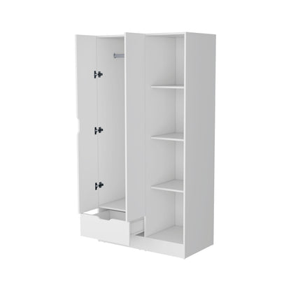 White Engineered Wood Wardrobe with Hanging Rod and Shelves for Bedroom
