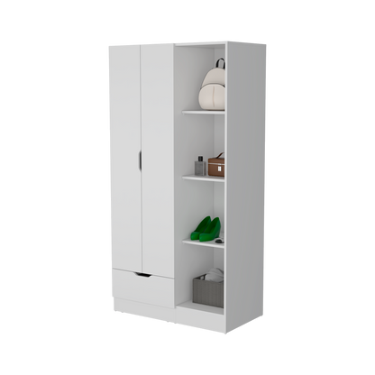 White Engineered Wood Wardrobe with Hanging Rod and Shelves for Bedroom