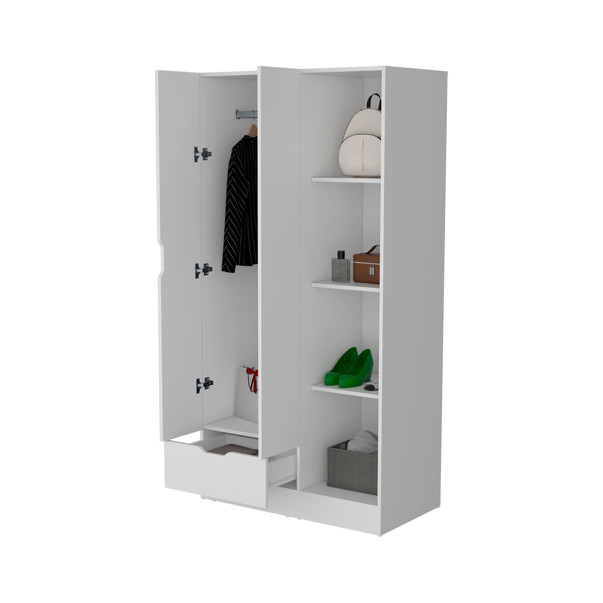 White Engineered Wood Wardrobe with Hanging Rod and Shelves for Bedroom
