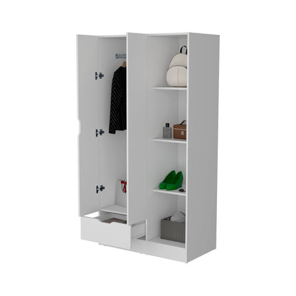 White Engineered Wood Wardrobe with Hanging Rod and Shelves for Bedroom