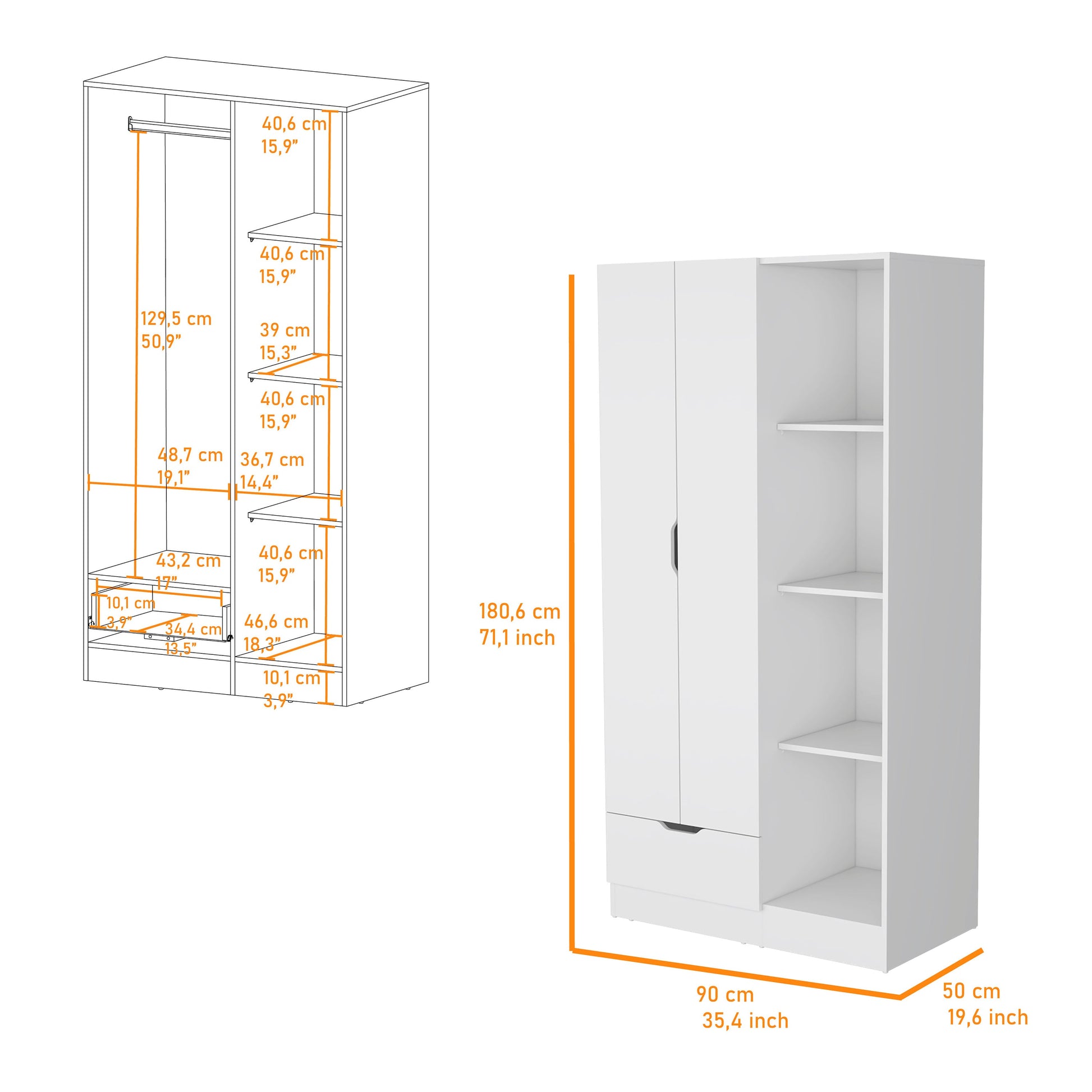 White Engineered Wood Wardrobe with Hanging Rod and Shelves for Bedroom