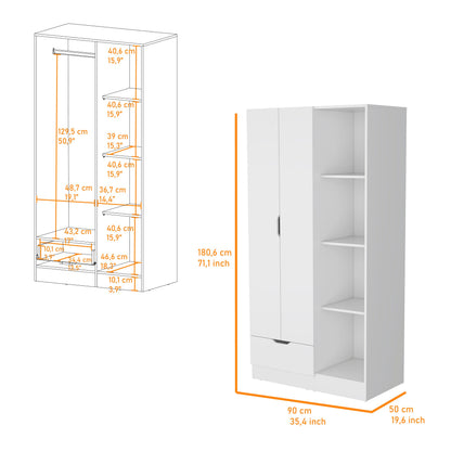 White Engineered Wood Wardrobe with Hanging Rod and Shelves for Bedroom