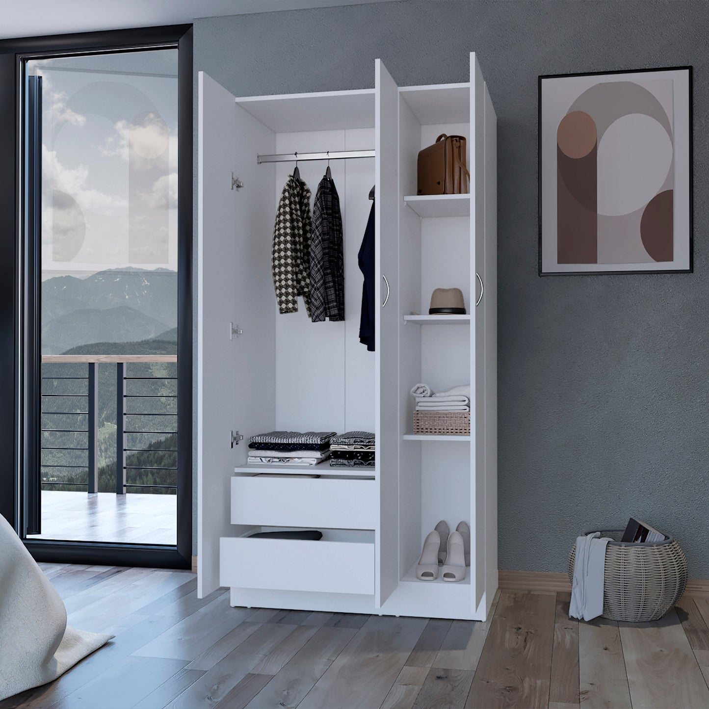 White Engineered Wood Wardrobe with Drawers and Shelves for Bedroom