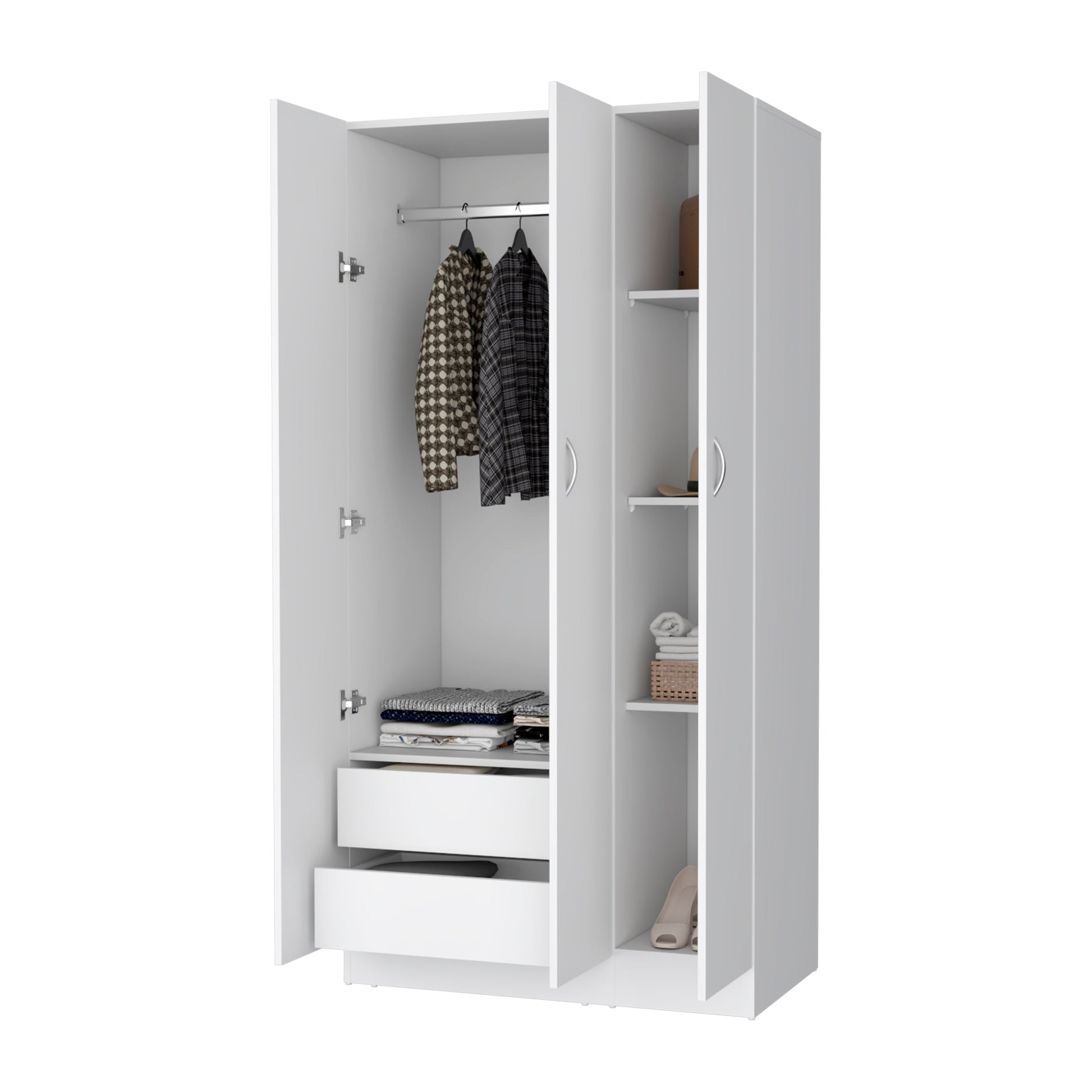 White Engineered Wood Wardrobe with Drawers and Shelves for Bedroom