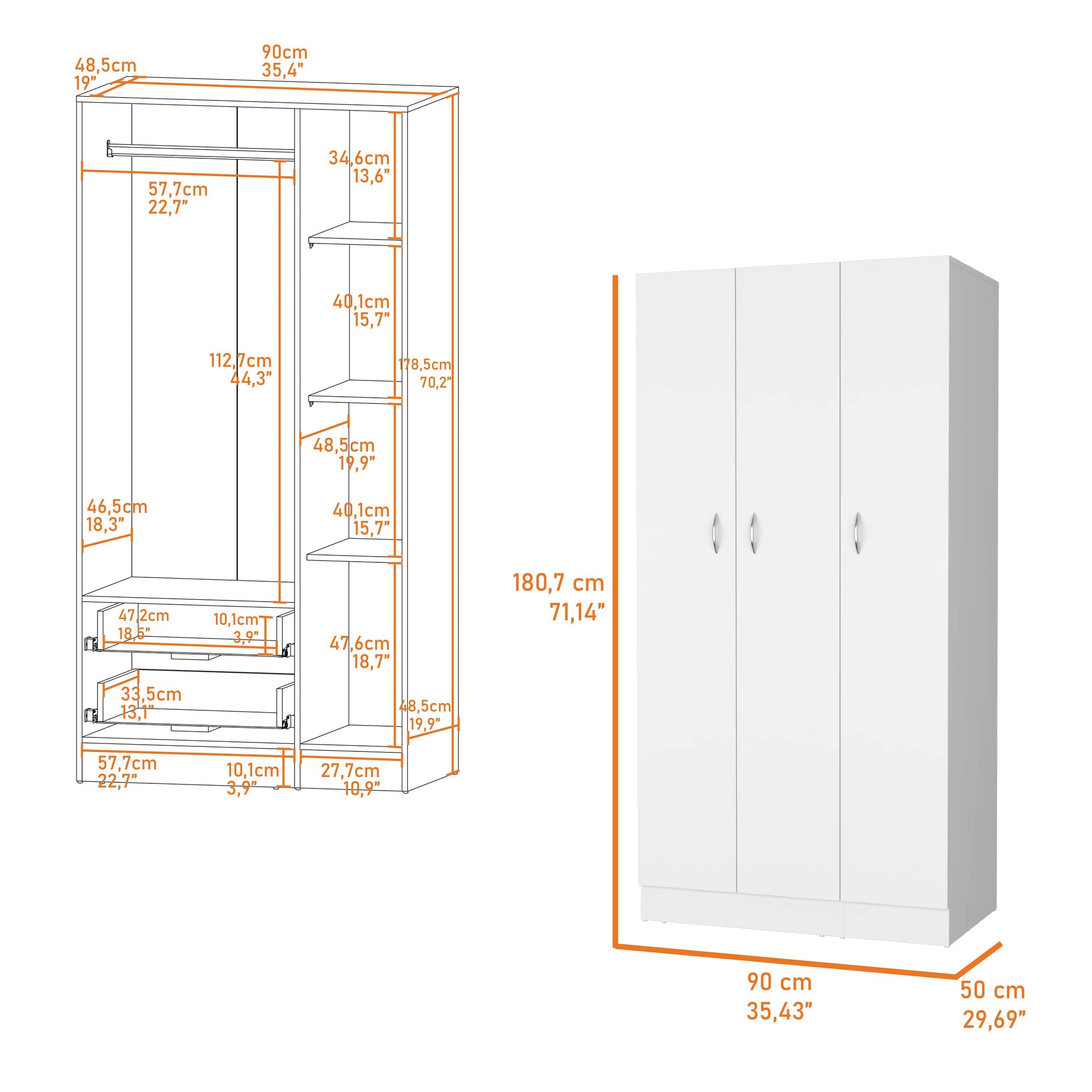 White Engineered Wood Wardrobe with Drawers and Shelves for Bedroom