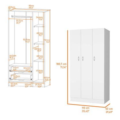 White Engineered Wood Wardrobe with Drawers and Shelves for Bedroom