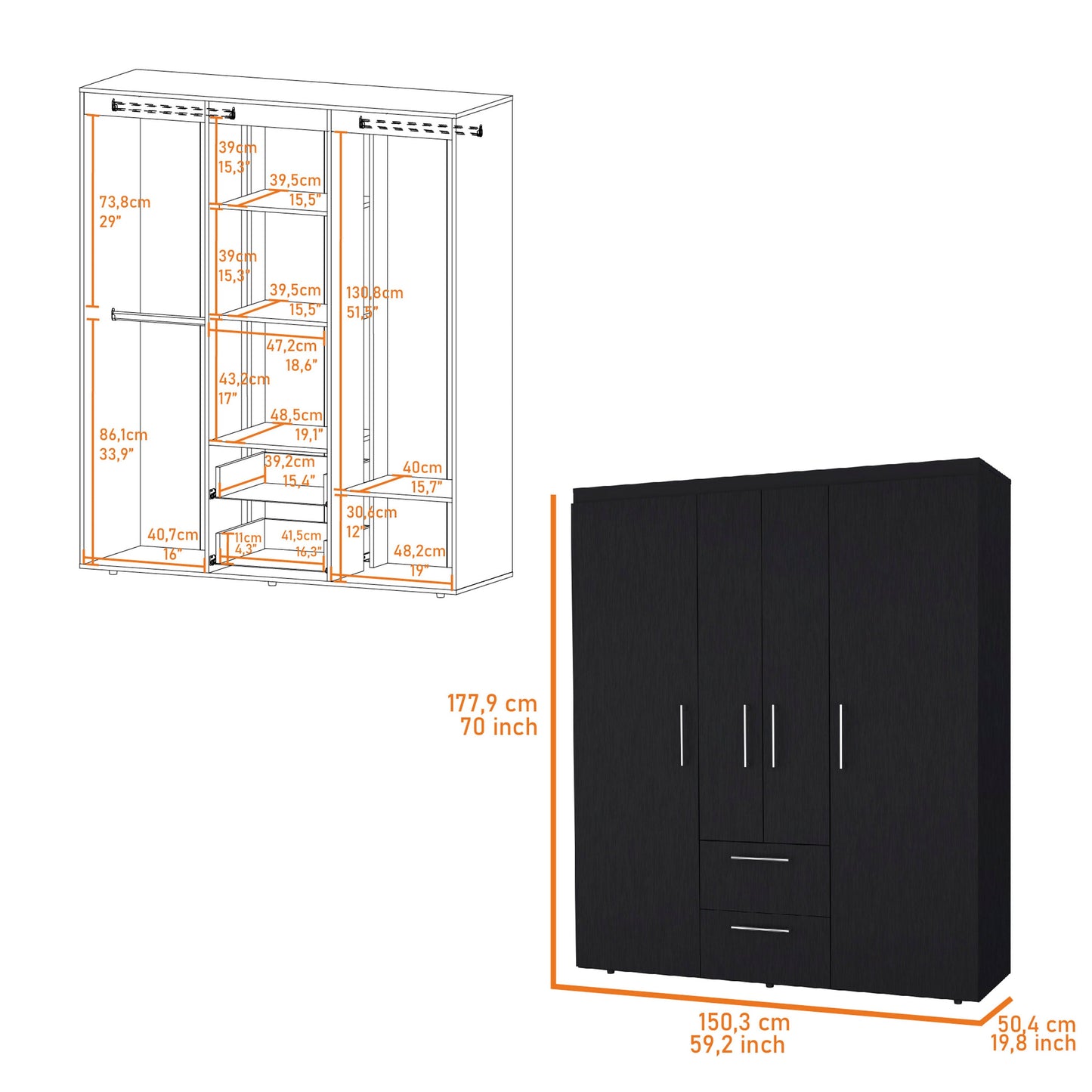Wenge All-In-One 2-Door Armoire - Bedroom Storage
